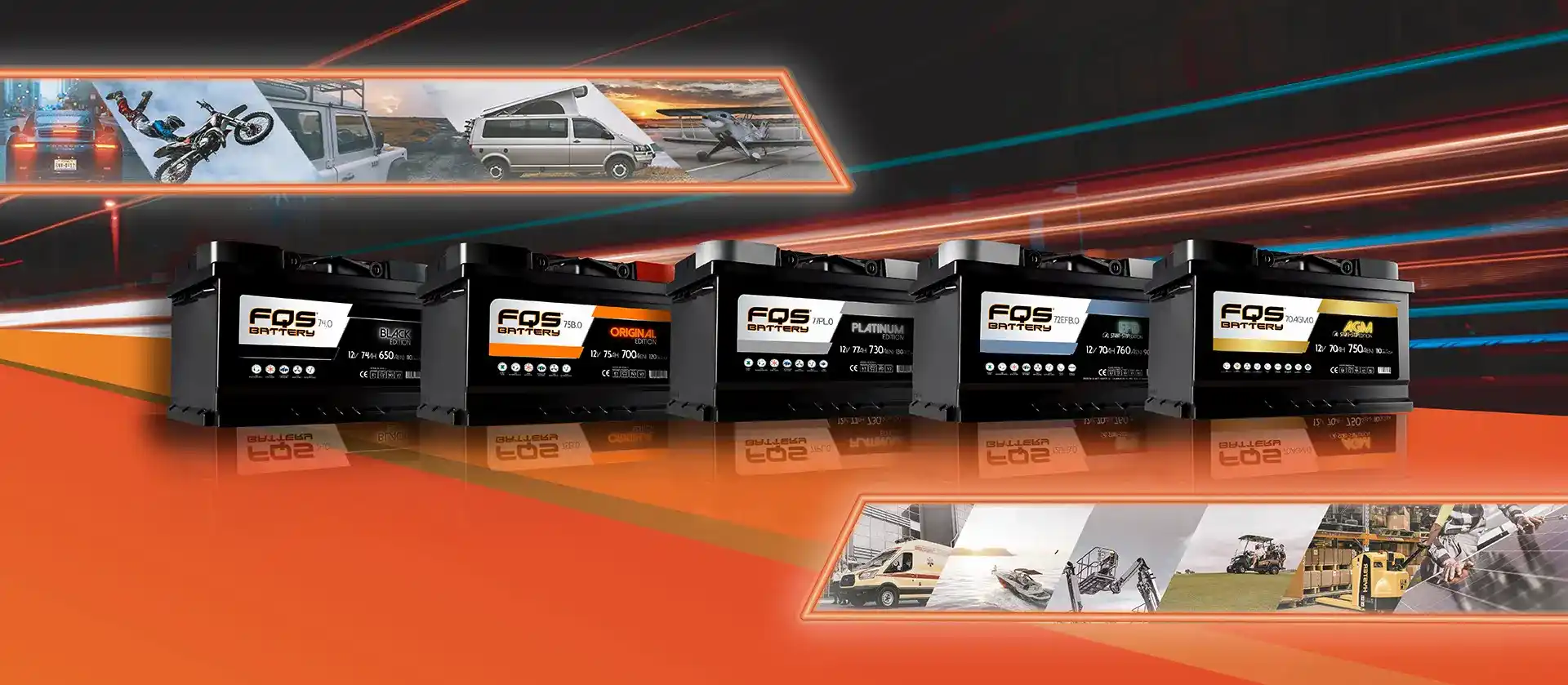 Imagen con baterías para turismo de la marca FQS BATTERY mostrando sus diferentes gamas