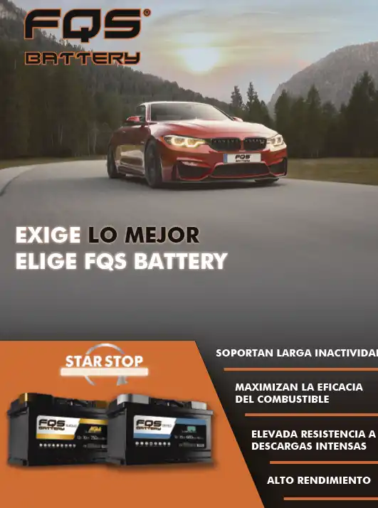 Cartel promocional de baterías AGM y EFB de FQS Battery.